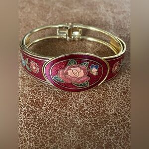 Vintage 1970’s Floral Cloisonné Hinged Bangle Bracelet in Deep Red and Pink
